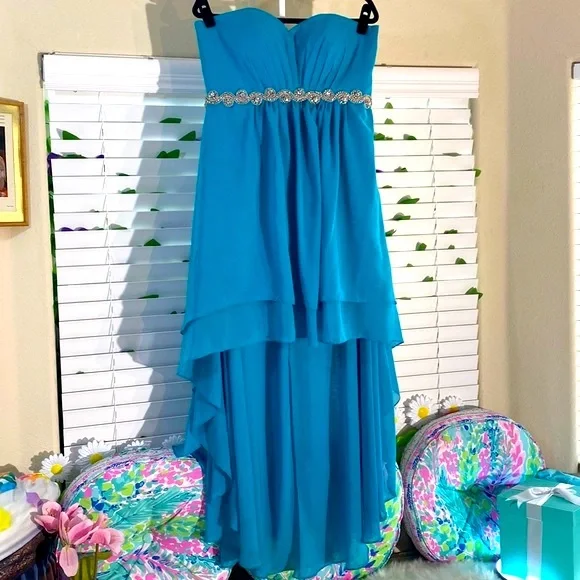 Dresses | Turquoise Highlow Strapless Chiffon Gown Stunning Rhinestone Belt Empire  Waist | Poshmark